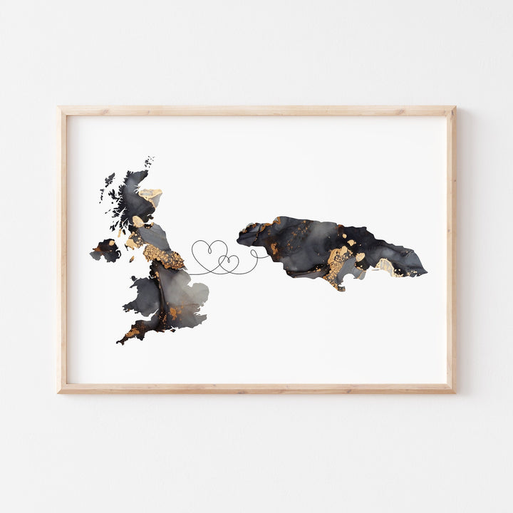 Britain and Jamaica Map Black & Gold Travel Wall Art Print | United Kingdom | UK