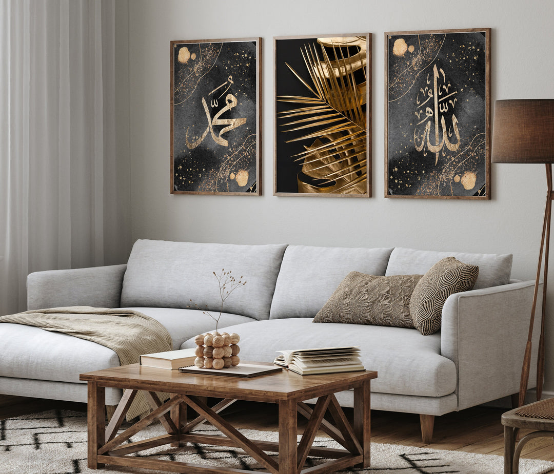 Set of 3 Black & Gold Abstract Islamic Wall Art Prints Allah and Prophet Muhammad With Leaf Details