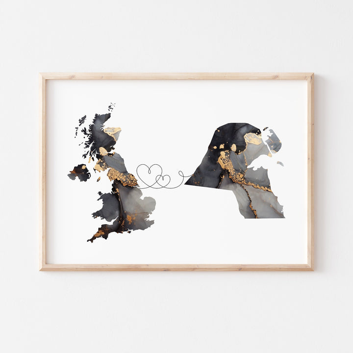 Britain and Kuwait Map Black & Gold Travel Wall Art Print | United Kingdom | UK