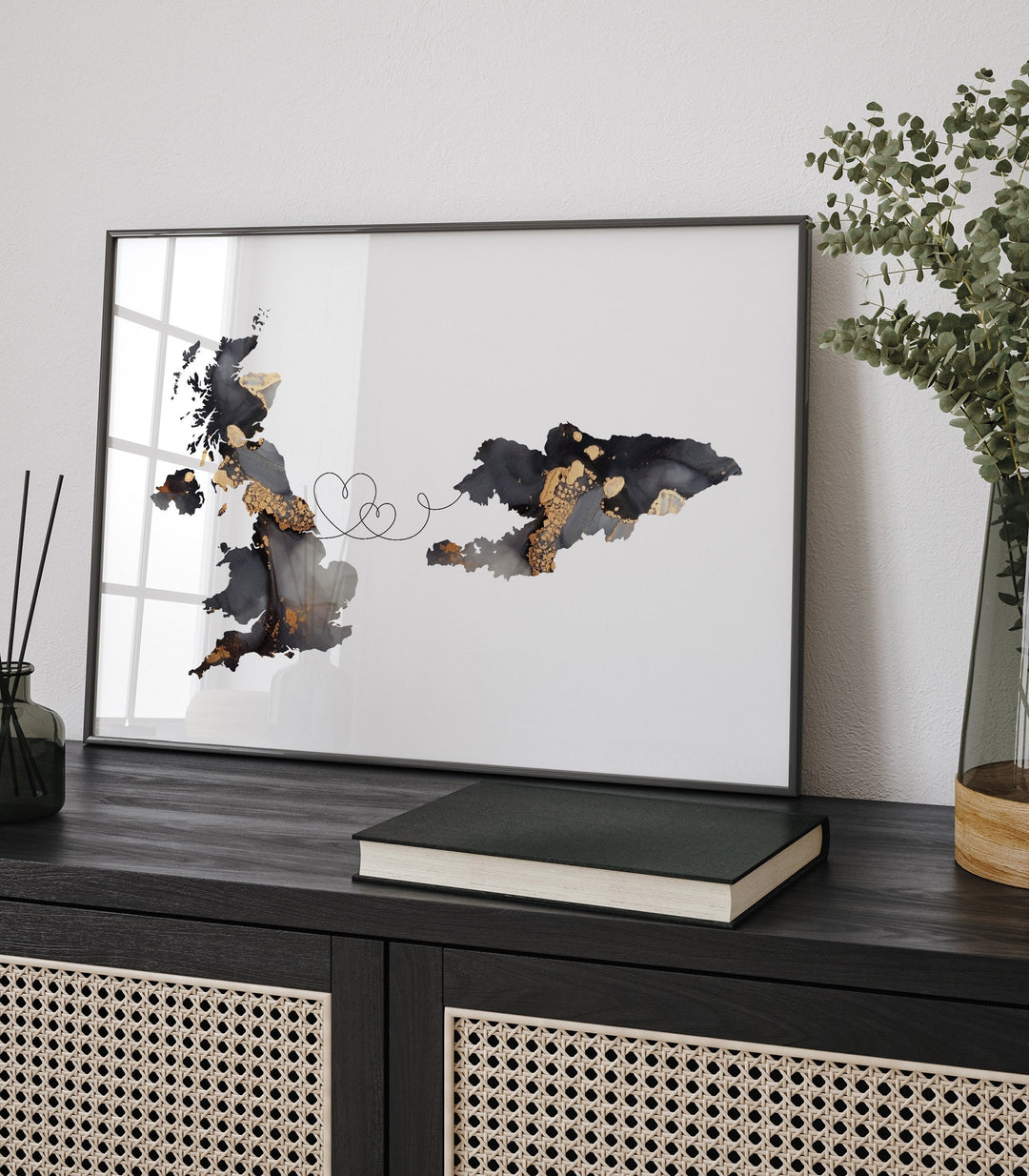 Britain and Kyrgyzstan Map Black & Gold Travel Wall Art Print | United Kingdom | UK