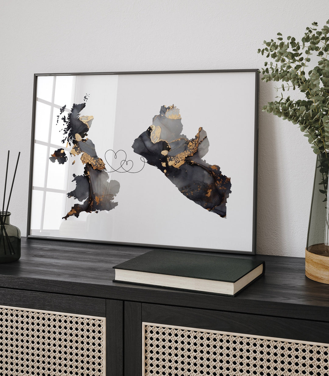 Britain and Liberia Map Black & Gold Travel Wall Art Print | United Kingdom | UK