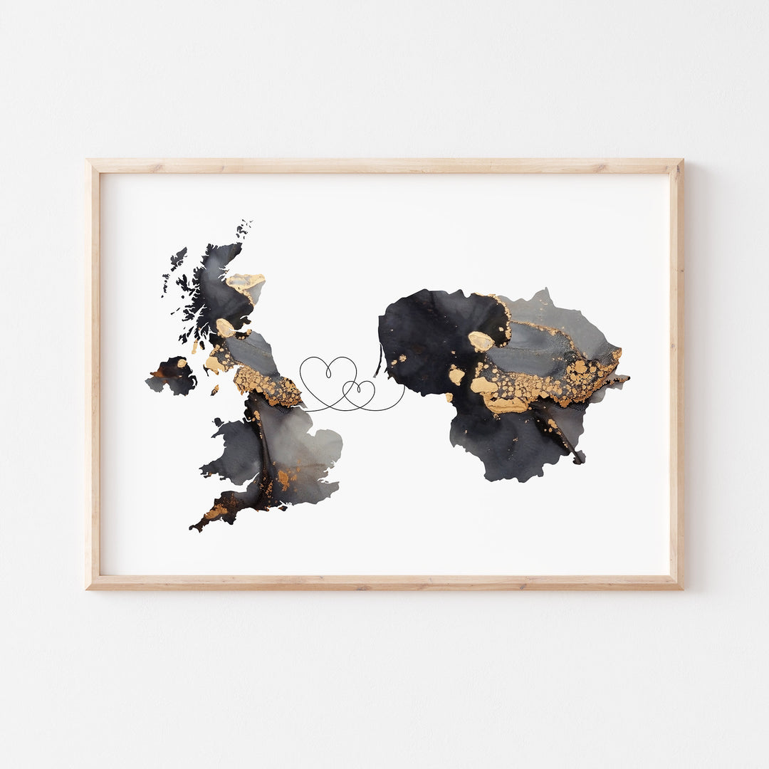 Britain and Lithuania Map Black & Gold Travel Wall Art Print | United Kingdom | UK