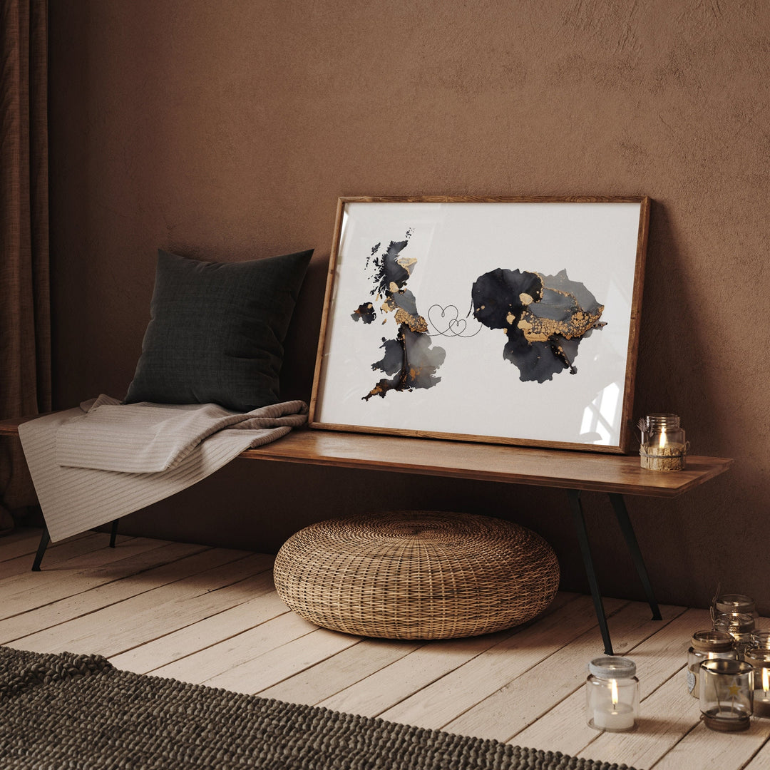 Britain and Lithuania Map Black & Gold Travel Wall Art Print | United Kingdom | UK