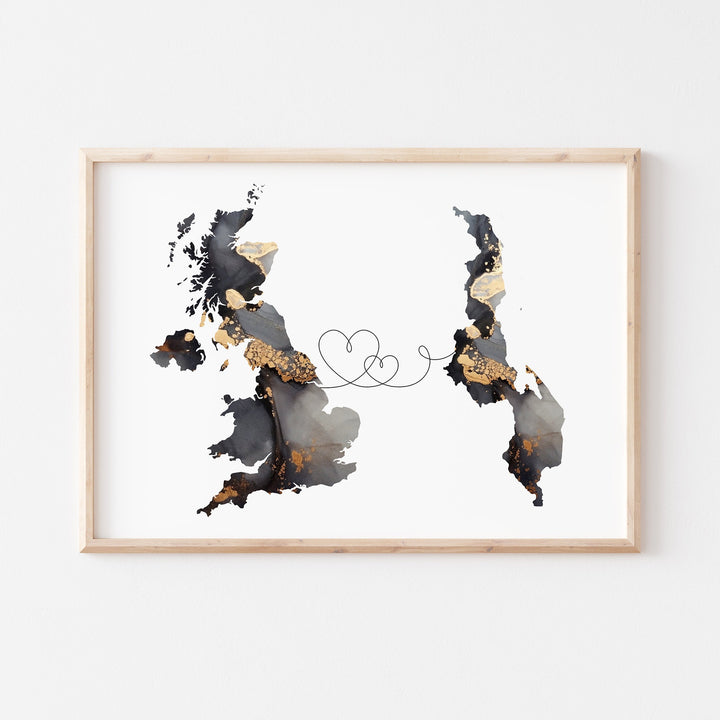 Britain and Malawi Map Black & Gold Travel Wall Art Print | United Kingdom | UK