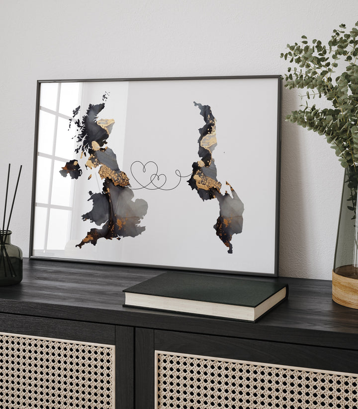 Britain and Malawi Map Black & Gold Travel Wall Art Print | United Kingdom | UK