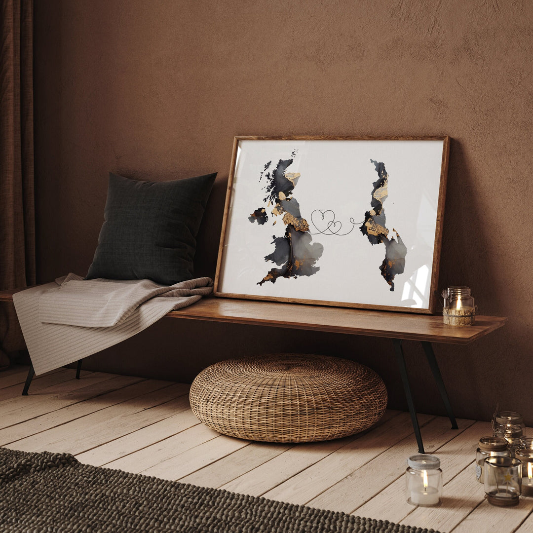 Britain and Malawi Map Black & Gold Travel Wall Art Print | United Kingdom | UK