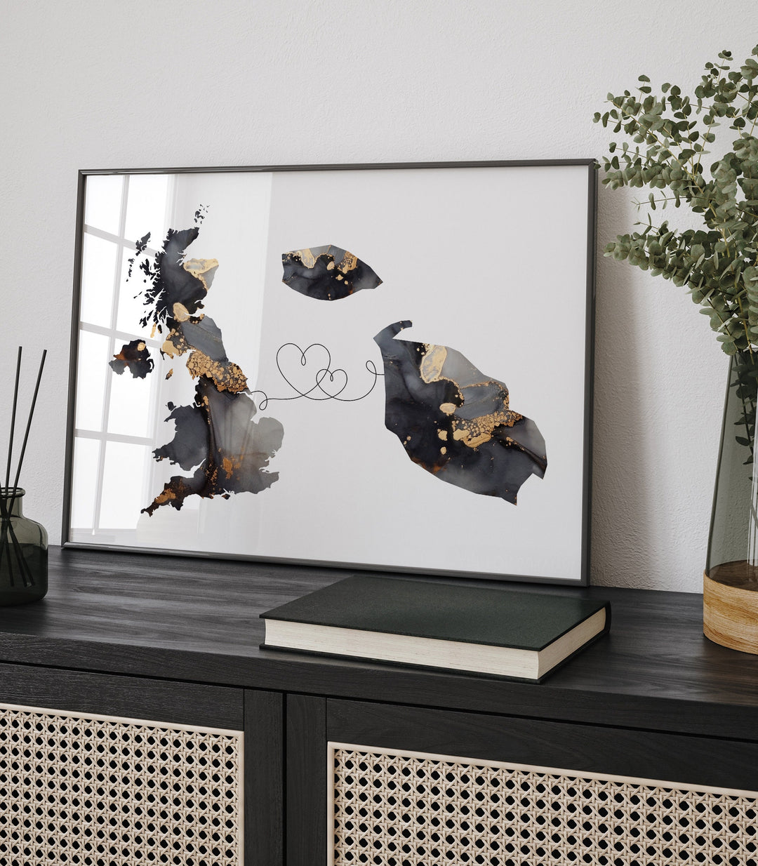 Britain and Malta Map Black & Gold Travel Wall Art Print | United Kingdom | UK