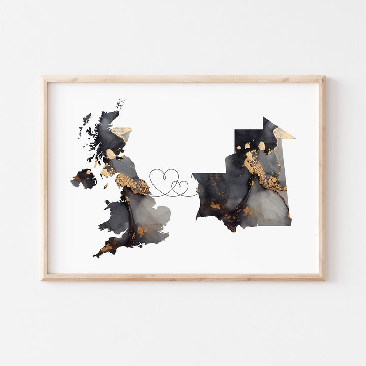 Britain and Mauritania Map Black & Gold Travel Wall Art Print | United Kingdom | UK