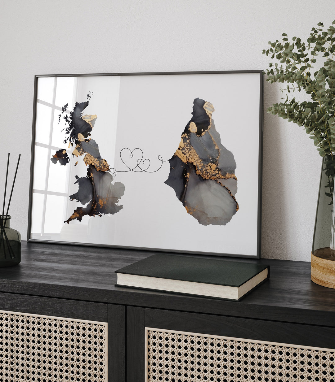 Britain and Montserrato Map Black & Gold Travel Wall Art Print | United Kingdom | UK