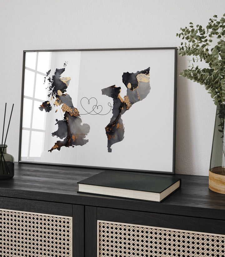 Britain and Mozambique Map Black & Gold Travel Wall Art Print | United Kingdom | UK