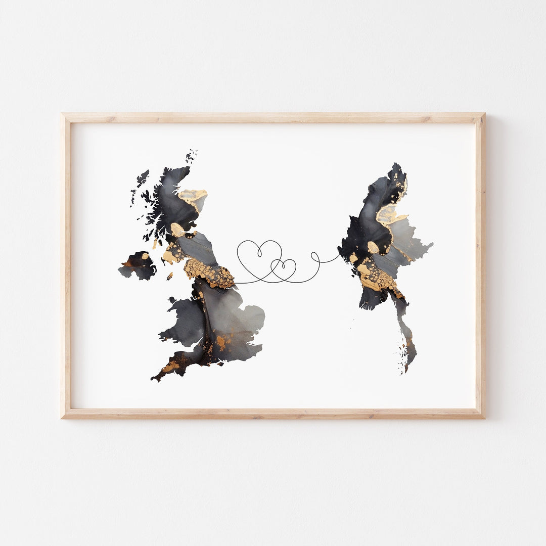 Britain and Myanmar Map Black & Gold Travel Wall Art Print | United Kingdom | UK