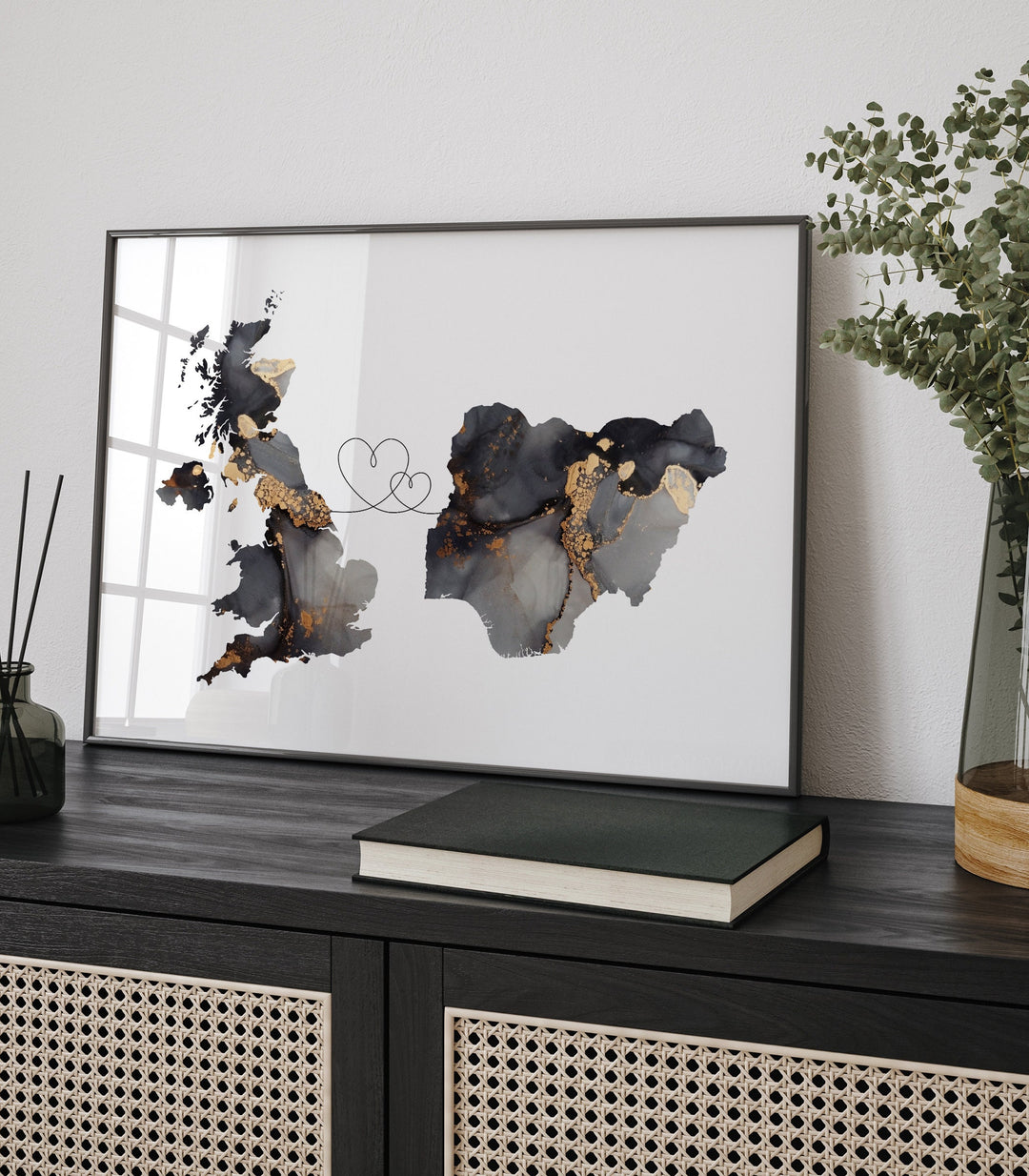 Britain and Nigeria Map Black & Gold Travel Wall Art Print | United Kingdom | UK