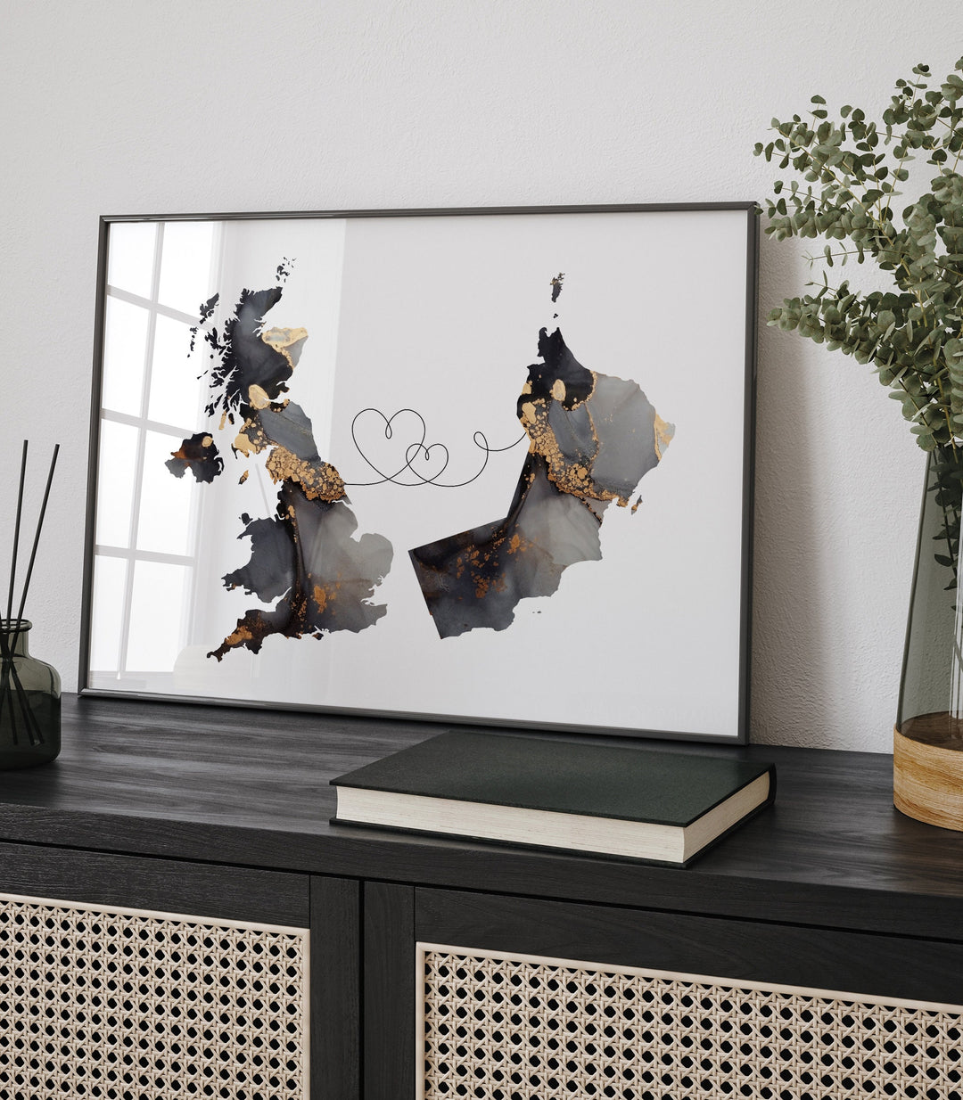 Britain and Oman Map Black & Gold Travel Wall Art Print | United Kingdom | UK