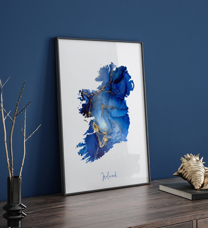 Ireland Map Blue & Gold Wall Art Print