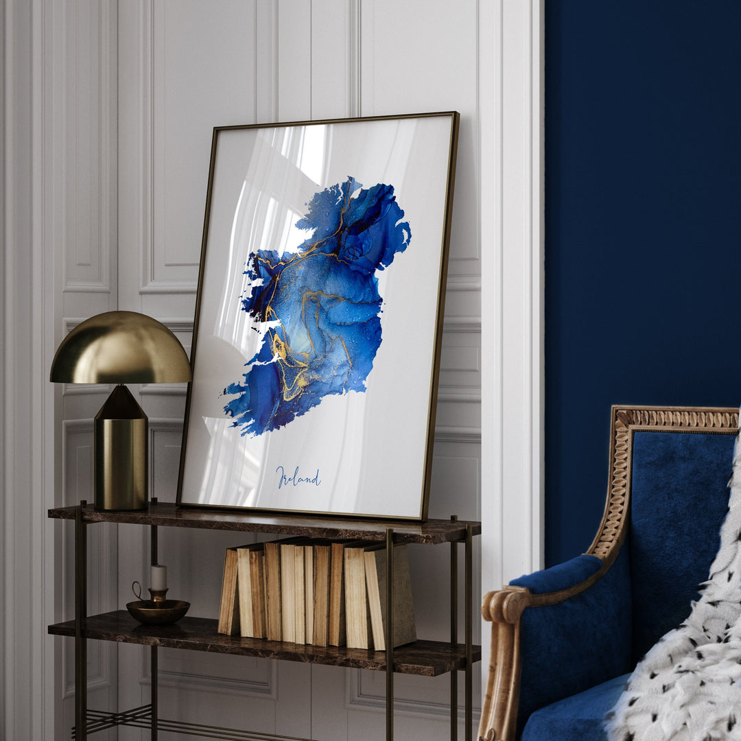 Ireland Map Blue & Gold Wall Art Print