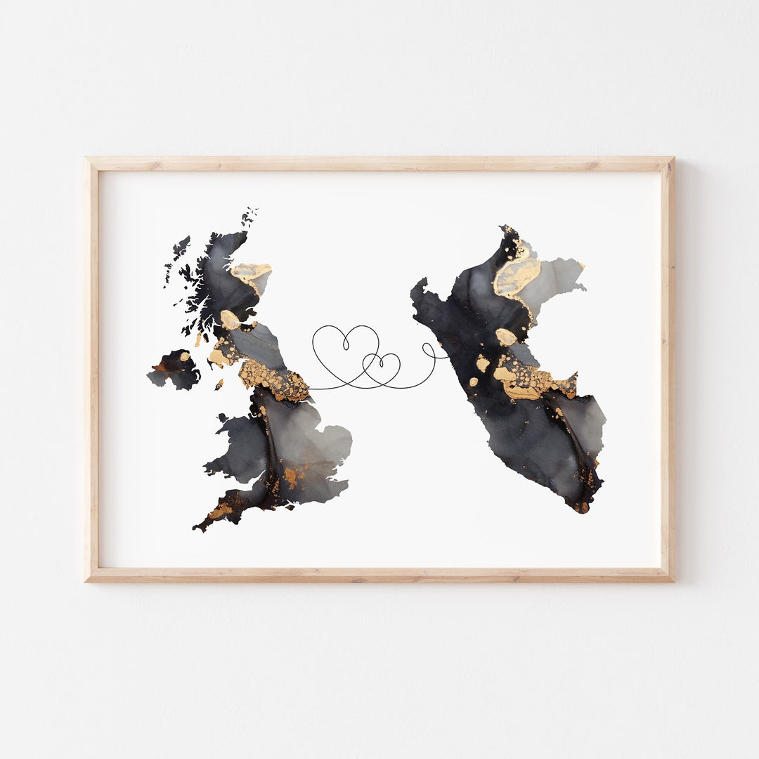 Britain and Peru Map Black & Gold Travel Wall Art Print | United Kingdom | UK