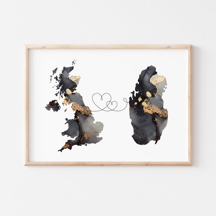 Britain and Qatar Map Black & Gold Travel Wall Art Print | United Kingdom | UK