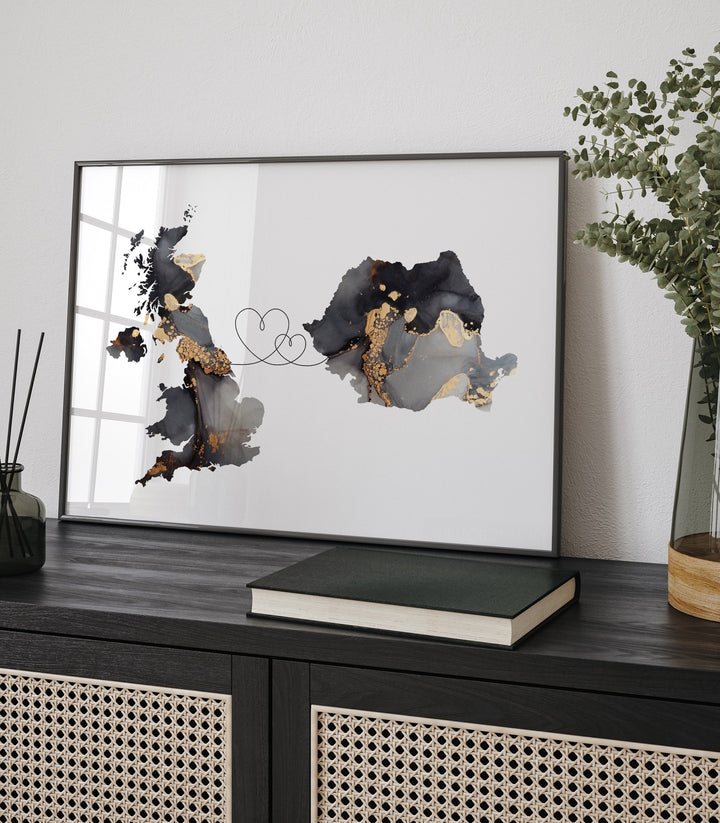 Britain and Romania Map Black & Gold Travel Wall Art Print | United Kingdom | UK