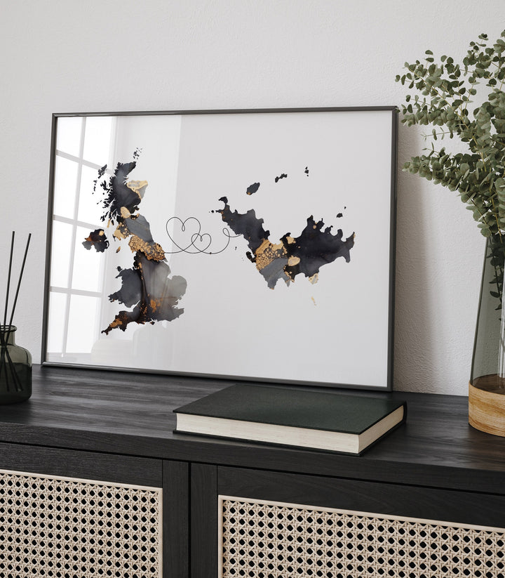 Britain and Saint Barthelemy Map Black & Gold Travel Wall Art Print | United Kingdom | UK