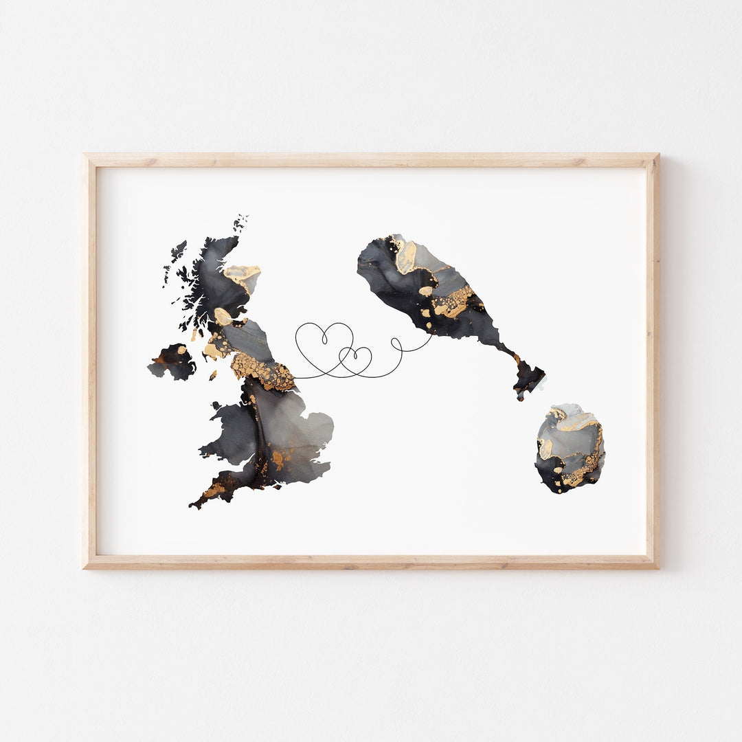 Britain and Saint Kitts and Nevis Map Black & Gold Travel Wall Art Print | United Kingdom | UK