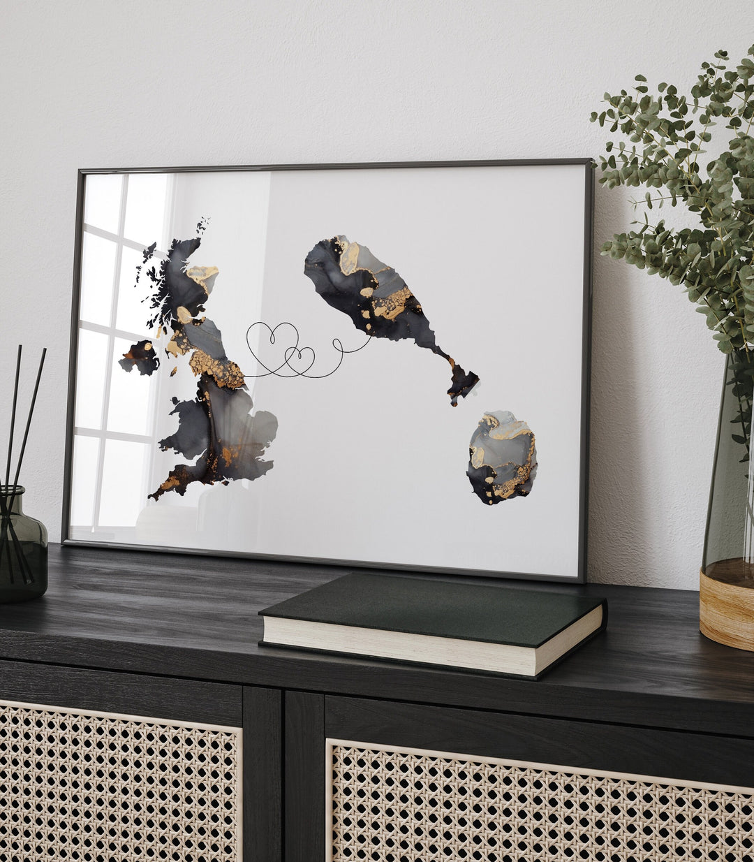 Britain and Saint Kitts and Nevis Map Black & Gold Travel Wall Art Print | United Kingdom | UK