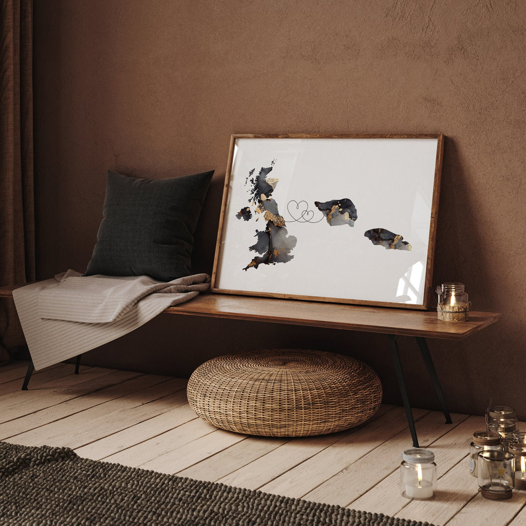 Britain and Samoa Map Black & Gold Travel Wall Art Print | United Kingdom | UK