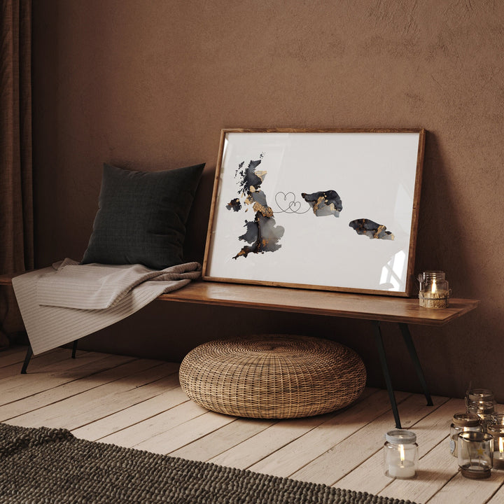 Britain and Samoa Map Black & Gold Travel Wall Art Print | United Kingdom | UK