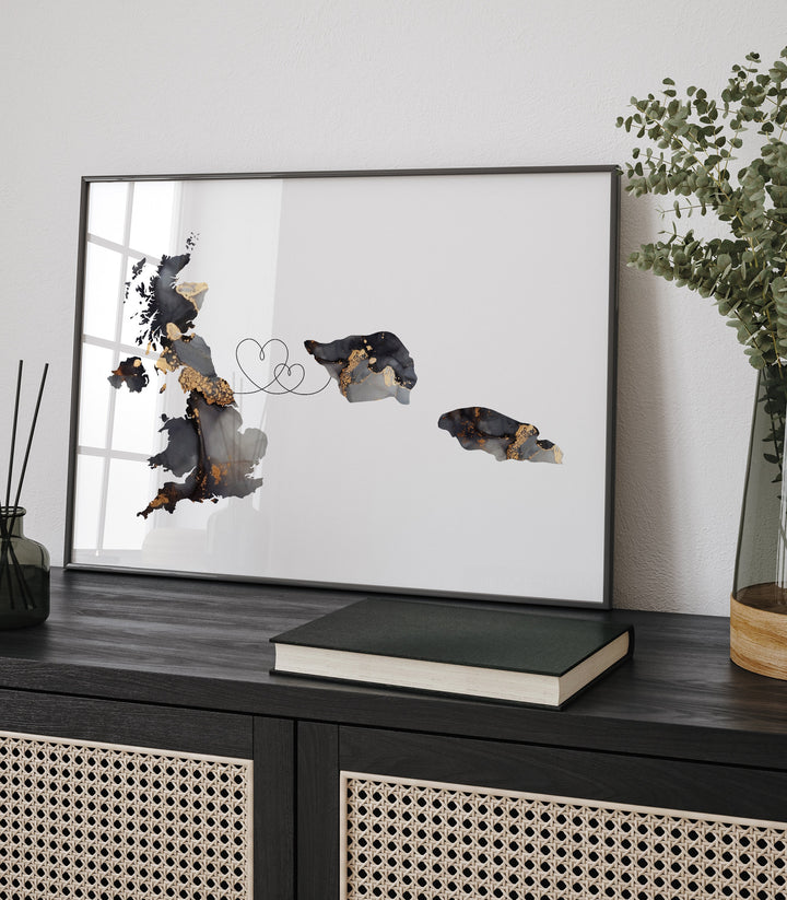 Britain and Samoa Map Black & Gold Travel Wall Art Print | United Kingdom | UK