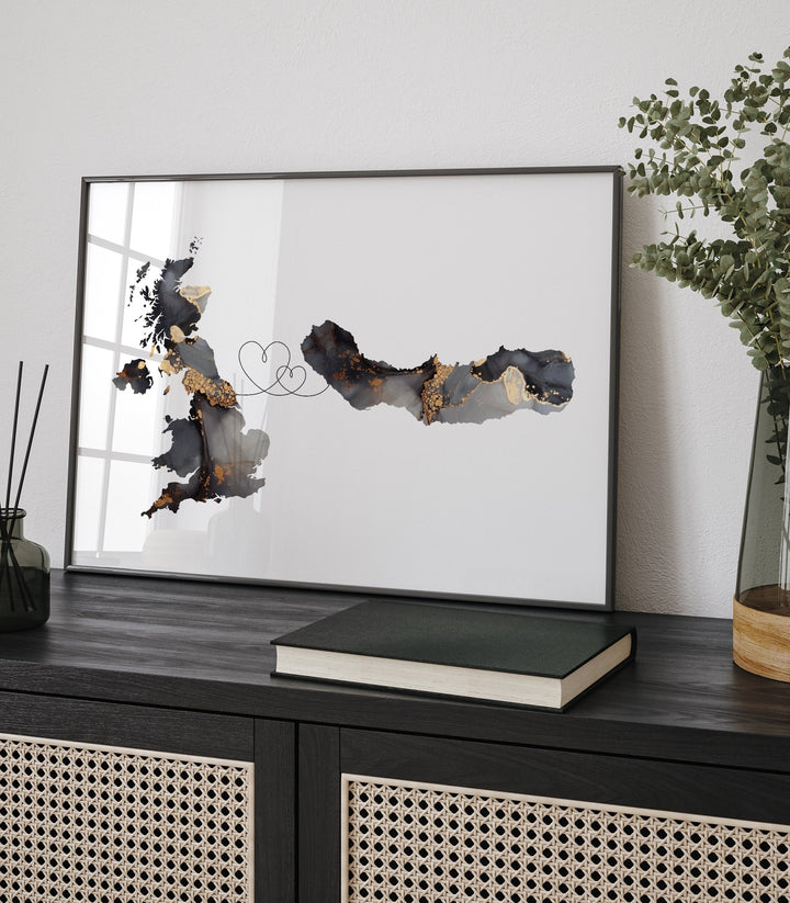 Britain and Sao Miguel Map Black & Gold Travel Wall Art Print | United Kingdom | UK