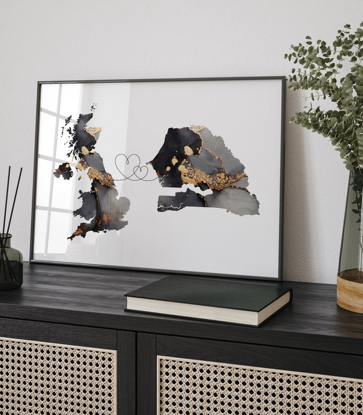 Britain and Senegal Map Black & Gold Travel Wall Art Print | United Kingdom | UK