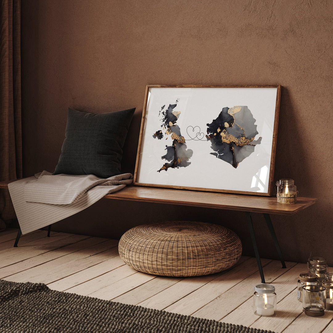 Britain and Sierra Leone Map Black & Gold Travel Wall Art Print | United Kingdom | UK