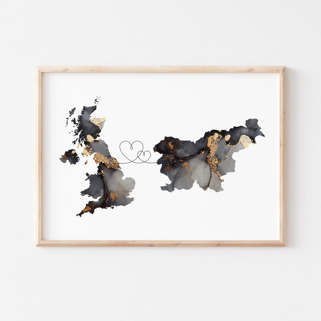 Britain and Slovenia Map Black & Gold Travel Wall Art Print | United Kingdom | UK