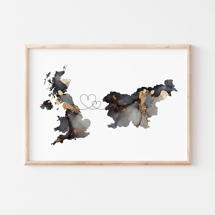 Britain and Slovenia Map Black & Gold Travel Wall Art Print | United Kingdom | UK
