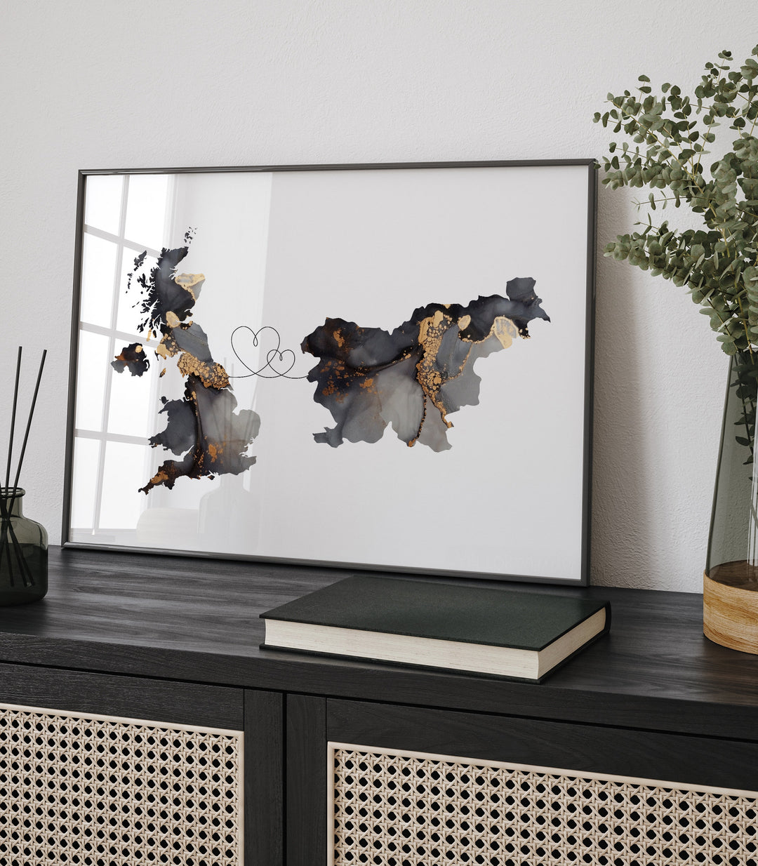 Britain and Slovenia Map Black & Gold Travel Wall Art Print | United Kingdom | UK