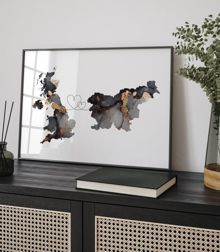 Britain and Slovenia Map Black & Gold Travel Wall Art Print | United Kingdom | UK