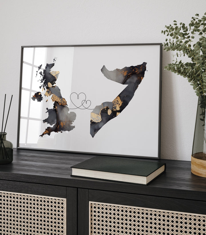 Britain and Somalia Map Black & Gold Travel Wall Art Print | United Kingdom | UK