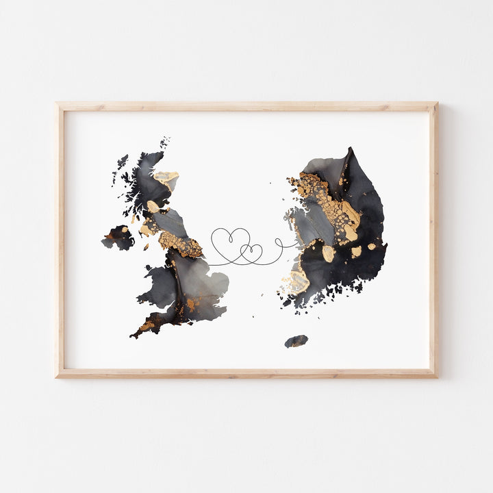 Britain and South Korea Map Black & Gold Travel Wall Art Print | United Kingdom | UK