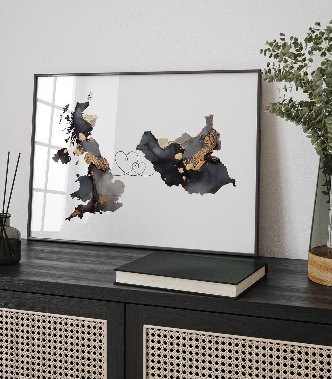 Britain and South Sudan Map Black & Gold Travel Wall Art Print | United Kingdom | UK