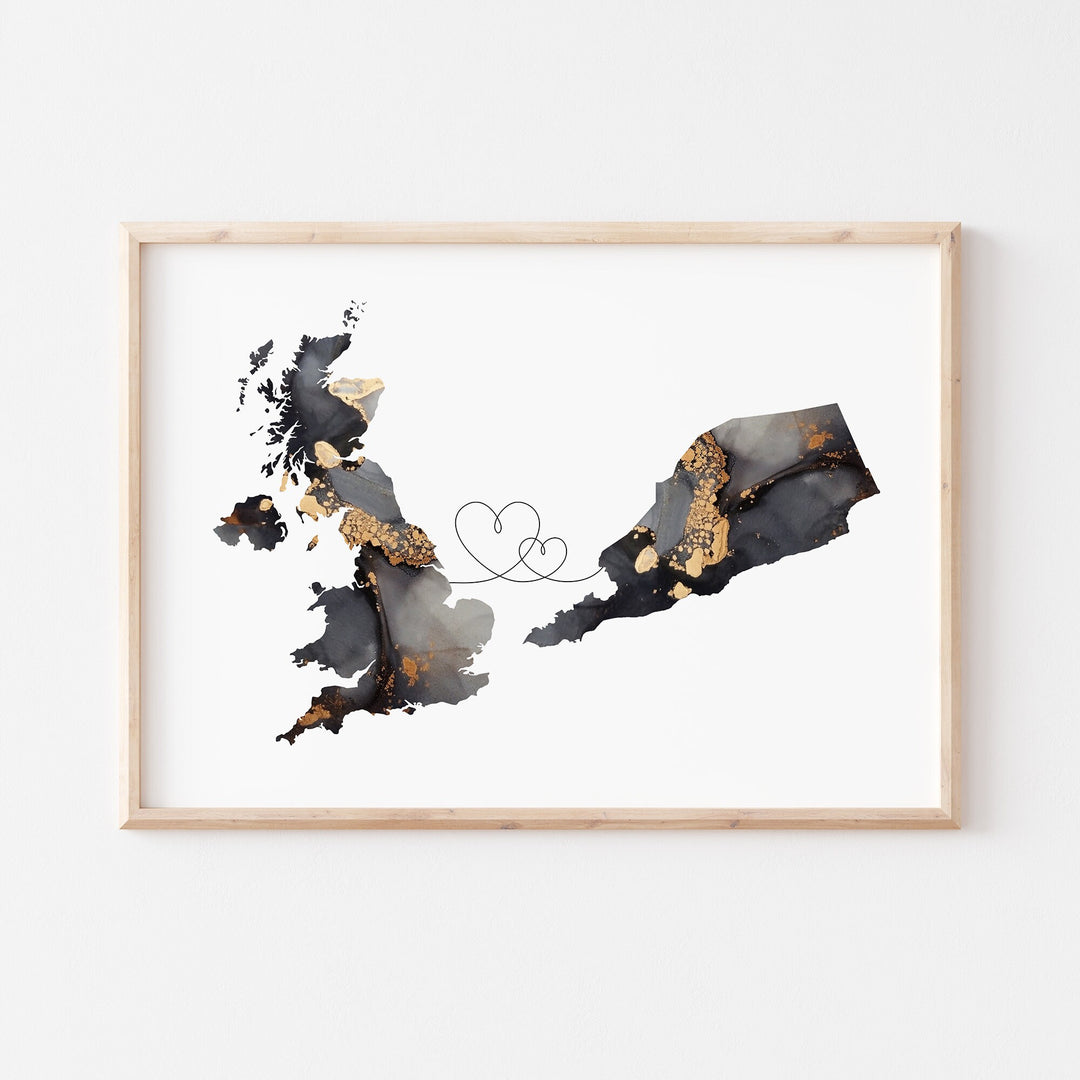 Britain and South Yemen Map Black & Gold Travel Wall Art Print | United Kingdom | UK