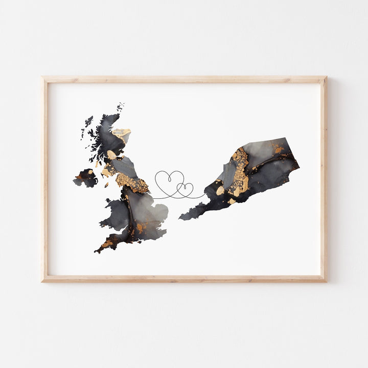 Britain and South Yemen Map Black & Gold Travel Wall Art Print | United Kingdom | UK