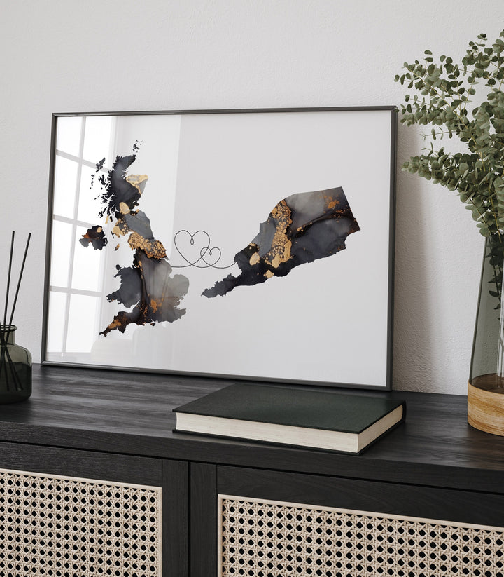 Britain and South Yemen Map Black & Gold Travel Wall Art Print | United Kingdom | UK