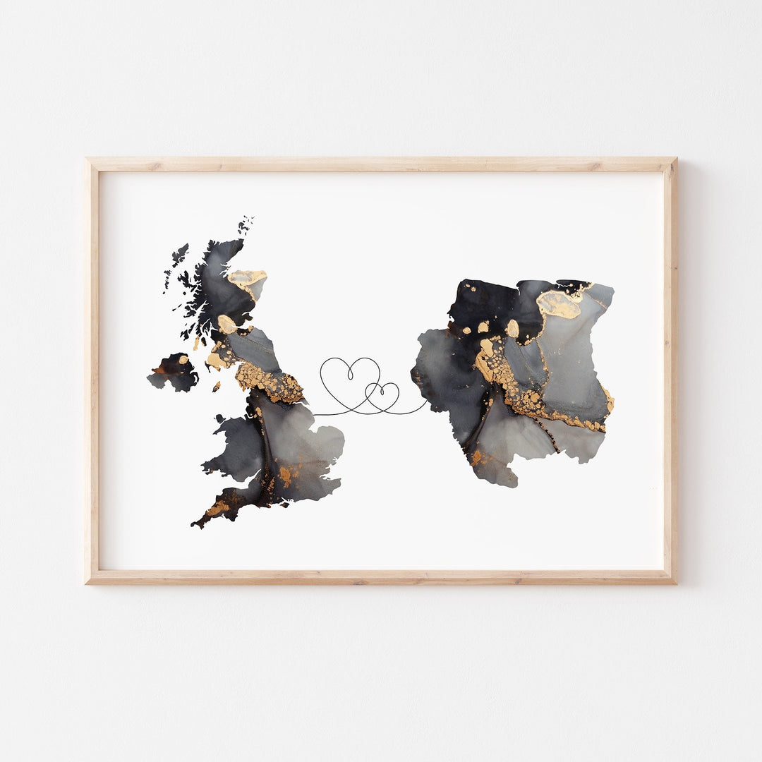 Britain and Suriname Map Black & Gold Travel Wall Art Print | United Kingdom | UK