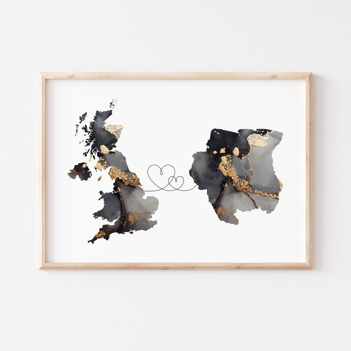 Britain and Suriname Map Black & Gold Travel Wall Art Print | United Kingdom | UK