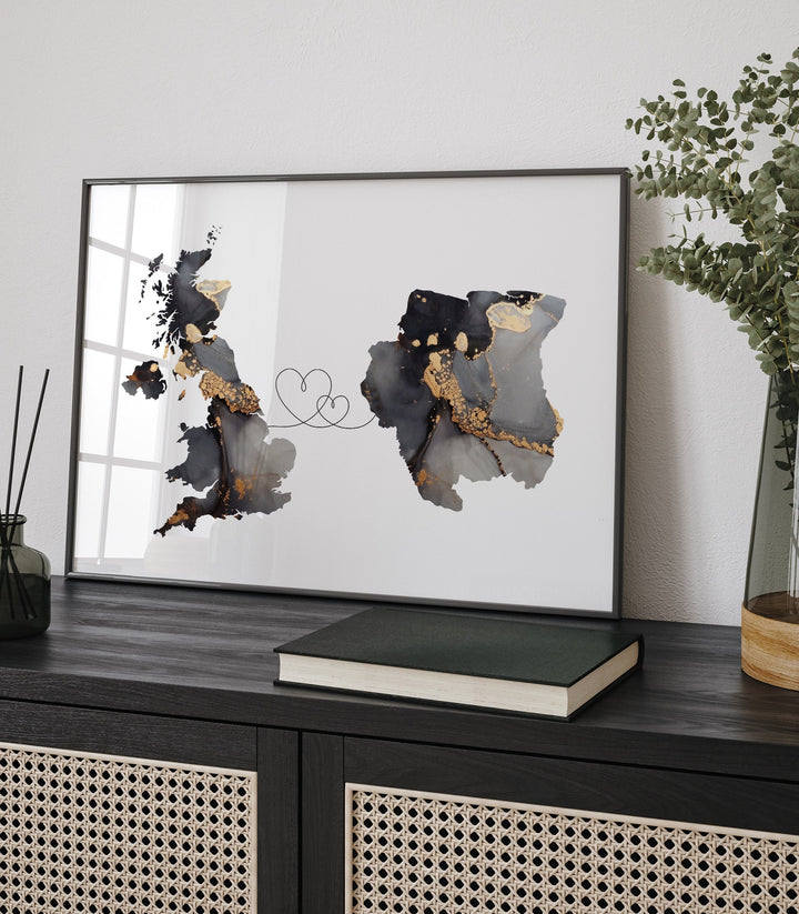 Britain and Suriname Map Black & Gold Travel Wall Art Print | United Kingdom | UK