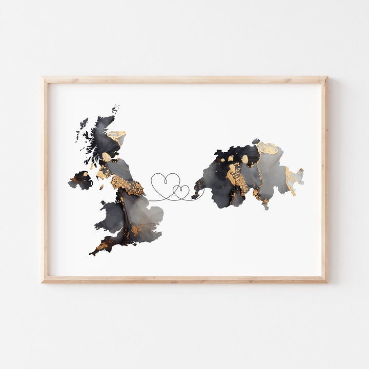 Britain and Switzerland Map Black & Gold Travel Wall Art Print | United Kingdom | UK