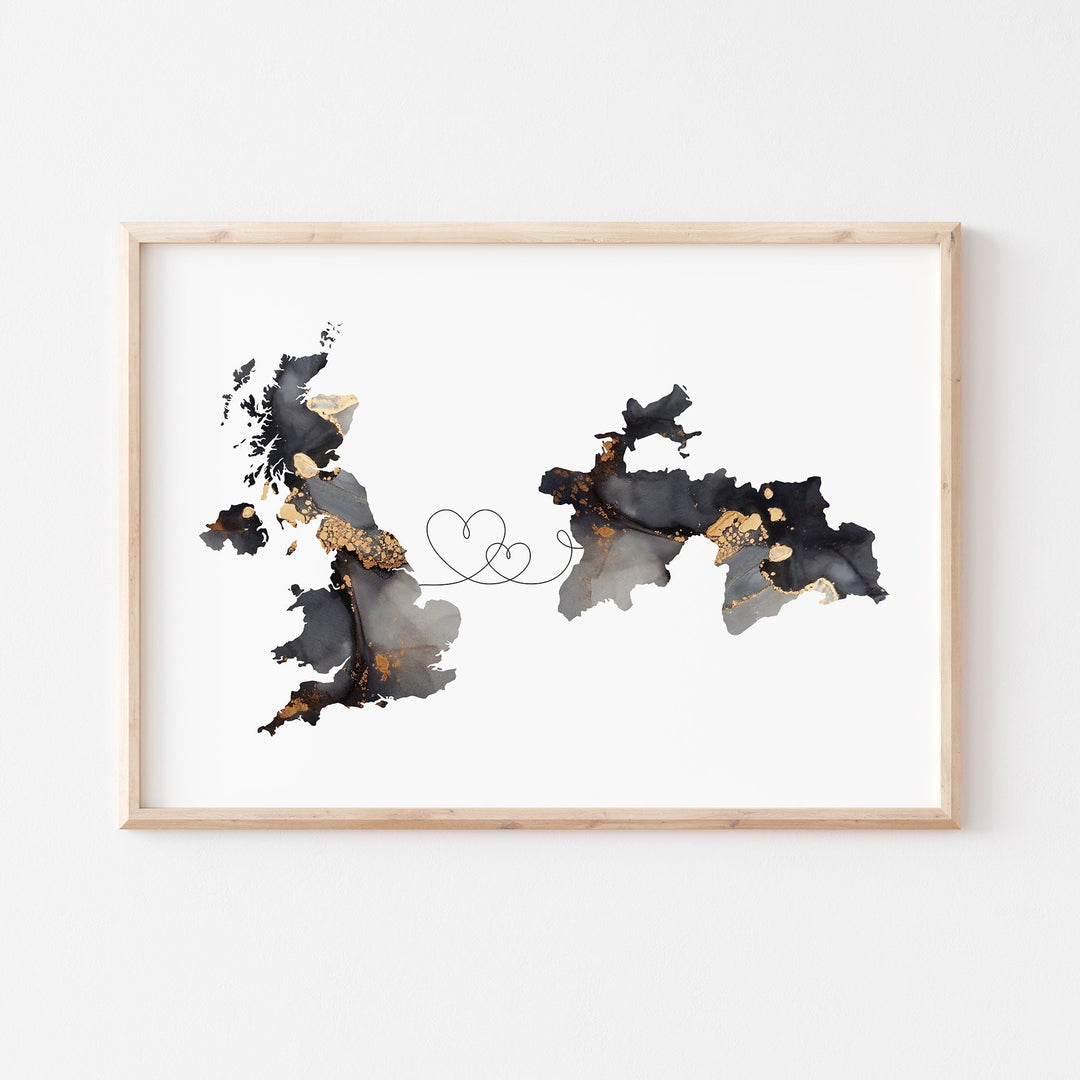 Britain and Tajikistan Map Black & Gold Travel Wall Art Print | United Kingdom | UK
