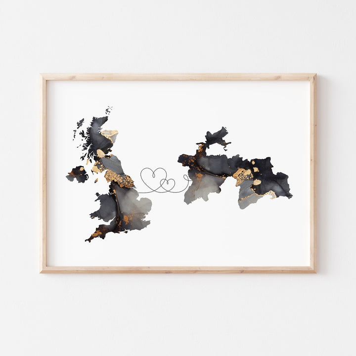 Britain and Tajikistan Map Black & Gold Travel Wall Art Print | United Kingdom | UK