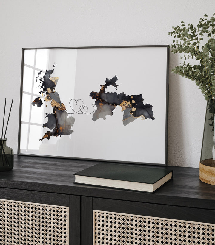 Britain and Tajikistan Map Black & Gold Travel Wall Art Print | United Kingdom | UK