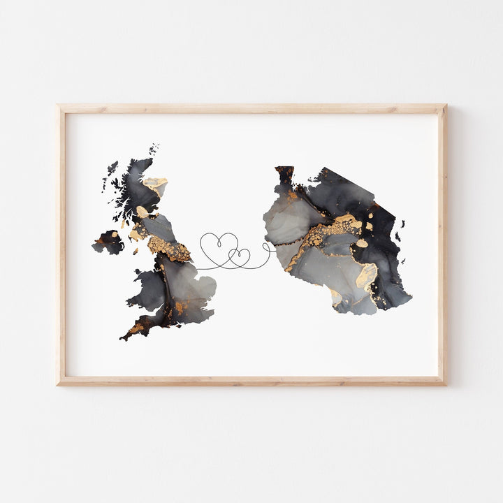Britain and Tanzania Map Black & Gold Travel Wall Art Print | United Kingdom | UK
