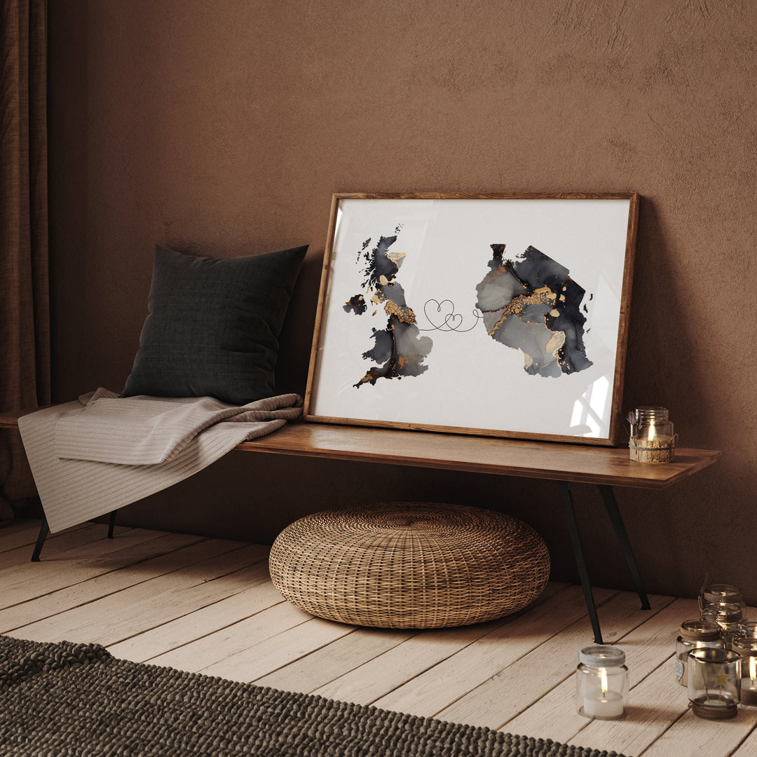 Britain and Tanzania Map Black & Gold Travel Wall Art Print | United Kingdom | UK